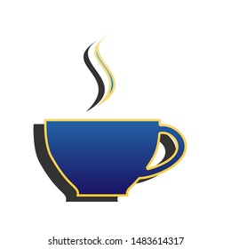 Cup sign with one small stream of smoke. Blue icon with gold contour with dark gray shadow at white background. Illustration.