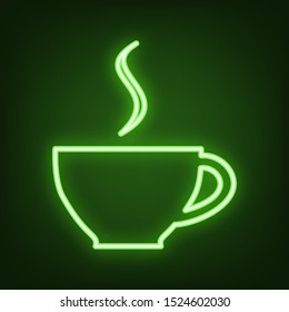 Cup sign with one small stream of smoke. Green neon icon in the dark. Blurred lightening. Illustration.