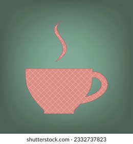 Cup sign with one small stream of smoke. Apricot Icon with Brick Red parquet floor graphic pattern on a Ebony background. Feldgrau. Green. Illustration.
