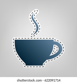 Cup sign with one small stream of smoke. Vector. Blue icon with outline for cutting out at gray background.