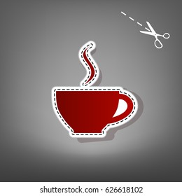 Cup sign with one small stream of smoke. Vector. Red icon with for applique from paper with shadow on gray background with scissors.