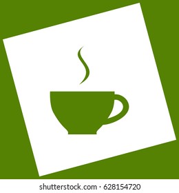 Cup sign with one small stream of smoke. Vector. White icon obtained as a result of subtraction rotated square and path. Avocado background.