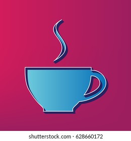 Cup sign with one small stream of smoke. Vector. Blue 3d printed icon on magenta background.