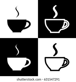 Cup sign with one small stream of smoke. Vector. Black and white icons and line icon on chess board.
