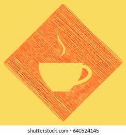 Cup sign with one small stream of smoke. Vector. Red scribble icon obtained as a result of subtraction rhomb and path. Royal yellow background.
