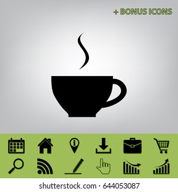 Cup sign with one small stream of smoke. Vector. Black icon at gray background with bonus icons