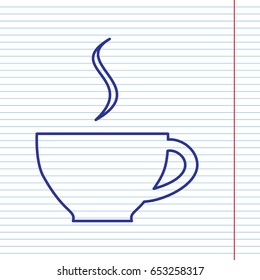 Cup sign with one small stream of smoke. Vector. Navy line icon on notebook paper as background with red line for field.