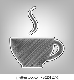 Cup sign with one small stream of smoke. Vector. Pencil sketch imitation. Dark gray scribble icon with dark gray outer contour at gray background.