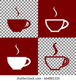 Cup sign with one small stream of smoke. Vector. Bordo and white icons and line icons on chess board with transparent background.