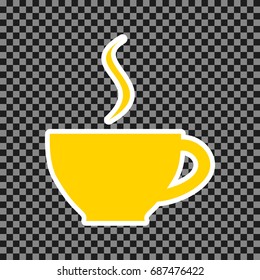 Cup sign with one small stream of smoke. Vector. Yellow icon with white contour on dark transparent background.