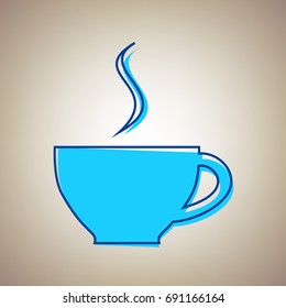 Cup sign with one small stream of smoke. Vector. Sky blue icon with defected blue contour on beige background.