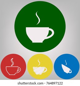 Cup sign with one small stream of smoke. Vector. 4 white styles of icon at 4 colored circles on light gray background.
