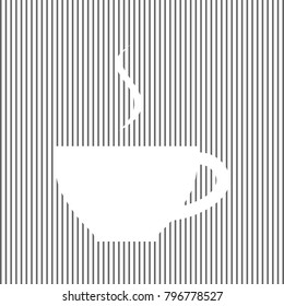 Cup sign with one small stream of smoke. Vector. White icon on grayish striped background. Optical illusion.
