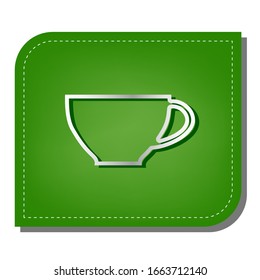 Cup sign. Silver gradient line icon with dark green shadow at ecological patched green leaf. Illustration.