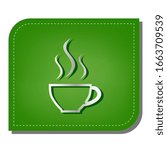 Cup sign with three small streams of smoke. Silver gradient line icon with dark green shadow at ecological patched green leaf. Illustration.