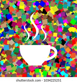 Cup sign with three small streams of smoke. Vector. White icon on colorful background with seamless pattern from squares.