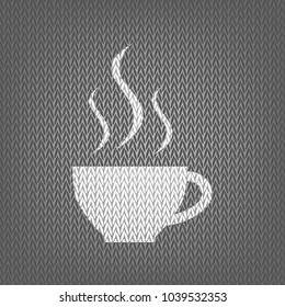 Cup sign with three small streams of smoke. Vector. White knitted icon on gray knitted background. Isolated.