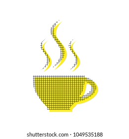 Cup sign with three small streams of smoke. Vector. Yellow icon with square pattern duplicate at white background. Isolated.