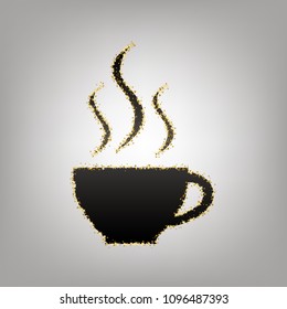 Cup sign with three small streams of smoke. Vector. Blackish icon with golden stars at grayish background.