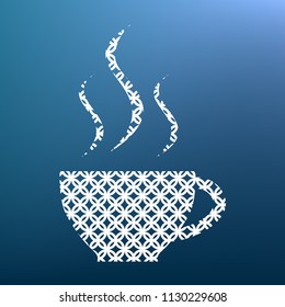 Cup sign with three small streams of smoke. Vector. White textured icon at lapis lazuli gradient background.