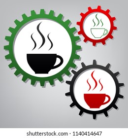 Cup sign with three small streams of smoke. Vector. Three connected gears with icons at grayish background.