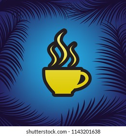 Cup sign with three small streams of smoke. Vector. Golden icon with black contour at blue background with branches of palm trees.