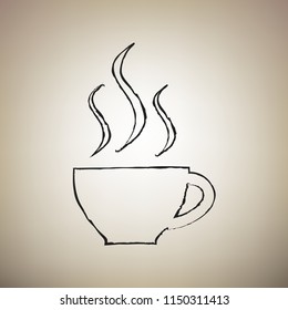 Cup sign with three small streams of smoke. Vector. Brush drawed black icon at light brown background.