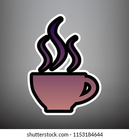 Cup sign with three small streams of smoke. Vector. Violet gradient icon with black and white linear edges at gray background.