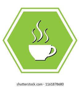 Cup sign with three small streams of smoke. Vector. White icon with black shadow at yellow green honeycomb on white background.