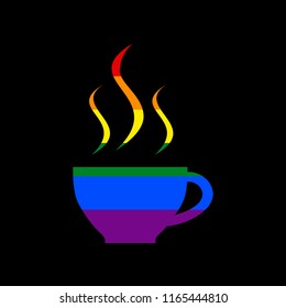 Cup sign with three small streams of smoke. Vector. Icon with colors of LGBT flag at black background.