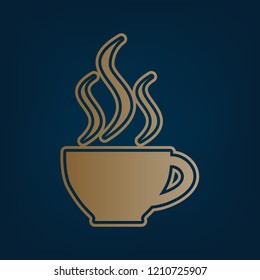 Cup sign with three small streams of smoke. Vector. Golden icon and border at dark cyan background.