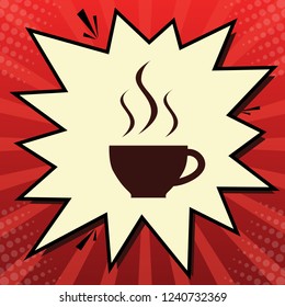 Cup sign with three small streams of smoke. Vector. Dark red icon in lemon chiffon shutter bubble at red popart background with rays.