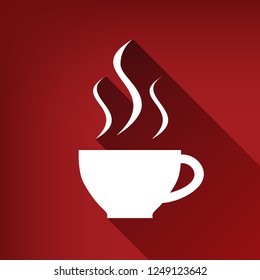 Cup sign with three small streams of smoke. Vector. White icon with limitless shadow at ruby red background.