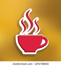 Cup sign with three small streams of smoke. Vector. Magenta icon with darker shadow, white sticker and black popart shadow on golden background.