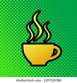 Cup sign with three small streams of smoke. Vector. Pop art orange to yellow dots-gradient icon with black contour at greenish background.