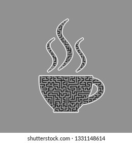 Cup sign with three small streams of smoke. Vector. Black maze filled icon with white border at gray background.