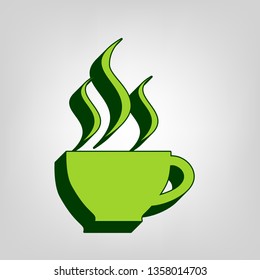 Cup sign with three small streams of smoke. Vector. Yellow green solid icon with dark green external body at light colored background.
