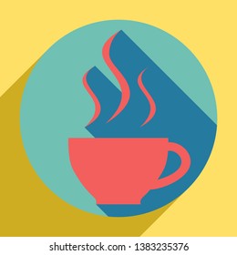 Cup sign with three small streams of smoke. Sunset orange icon with llapis lazuli shadow inside medium aquamarine circle with different goldenrod shadow at royal yellow background.