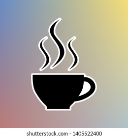 Cup sign with three small streams of smoke. Black icon in white shell at pastel color background. Illustration.