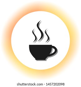 Cup sign with three small streams of smoke. Dark icon with shadow on the glowing circle button. Illustration.