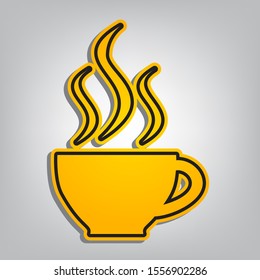 Cup sign with three small streams of smoke. Flat orange icon with overlapping linear black icon with gray shadow at whitish background. Illustration.