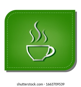 Cup sign with three small streams of smoke. Silver gradient line icon with dark green shadow at ecological patched green leaf. Illustration.