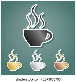 Cup sign with three small streams of smoke. Set of metallic Icons with gray, gold, silver and bronze gradient with white contour and shadow at viridan background. Illustration.