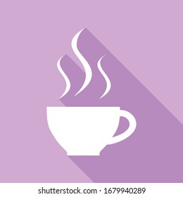 Cartel de la copa con tres pequeños chorros de humo. Icono blanco con una larga sombra en fondo morado.  Ilustración.