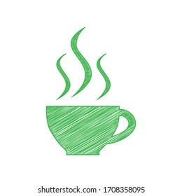 Cup sign with three small streams of smoke. Green scribble Icon with solid contour on white background. Illustration.