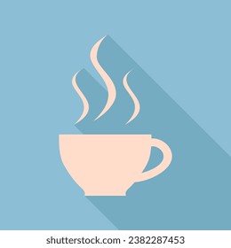 Cup sign with three small streams of smoke. Unbleached silk Icon with very long shadow at dark sky blue background. Illustration.