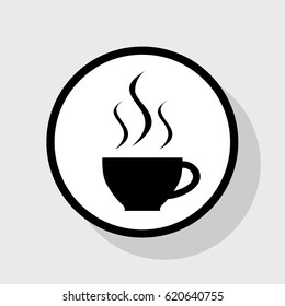 Cup sign with three small streams of smoke. Vector. Flat black icon in white circle with shadow at gray background.