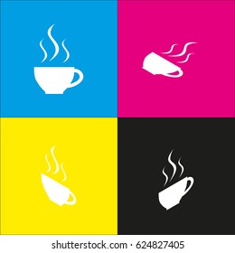 Cup sign with three small streams of smoke. Vector. White icon with isometric projections on cyan, magenta, yellow and black backgrounds.