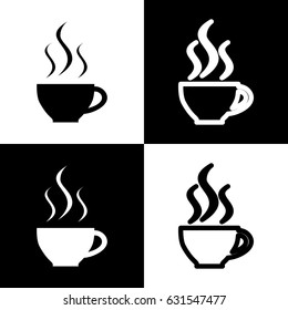 Cup sign with three small streams of smoke. Vector. Black and white icons and line icon on chess board.