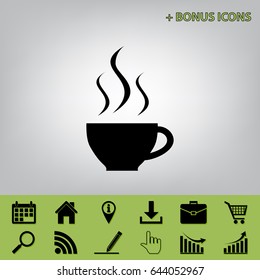 Cup sign with three small streams of smoke. Vector. Black icon at gray background with bonus icons at celery ones